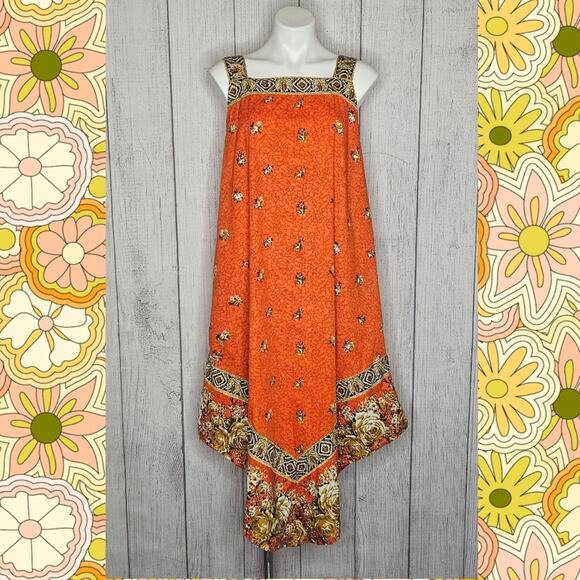 VTG 70s Orange Floral Groovy Assymetrical Hem Cotton Thai Batik Tent Dress, sz S - Picture 1 of 7